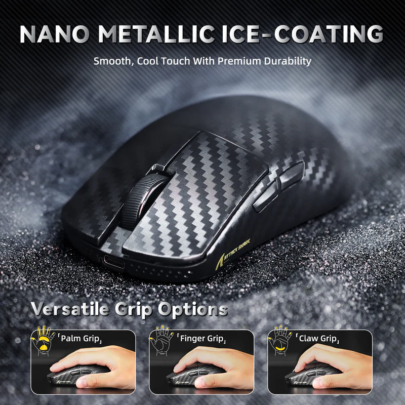 ATTACK SHARK R11 ULTRA Carbon Fiber Wireless Gaming Mouse With C06 Coiled Cable Weave Black - Vue 4 | Mouse Maroc