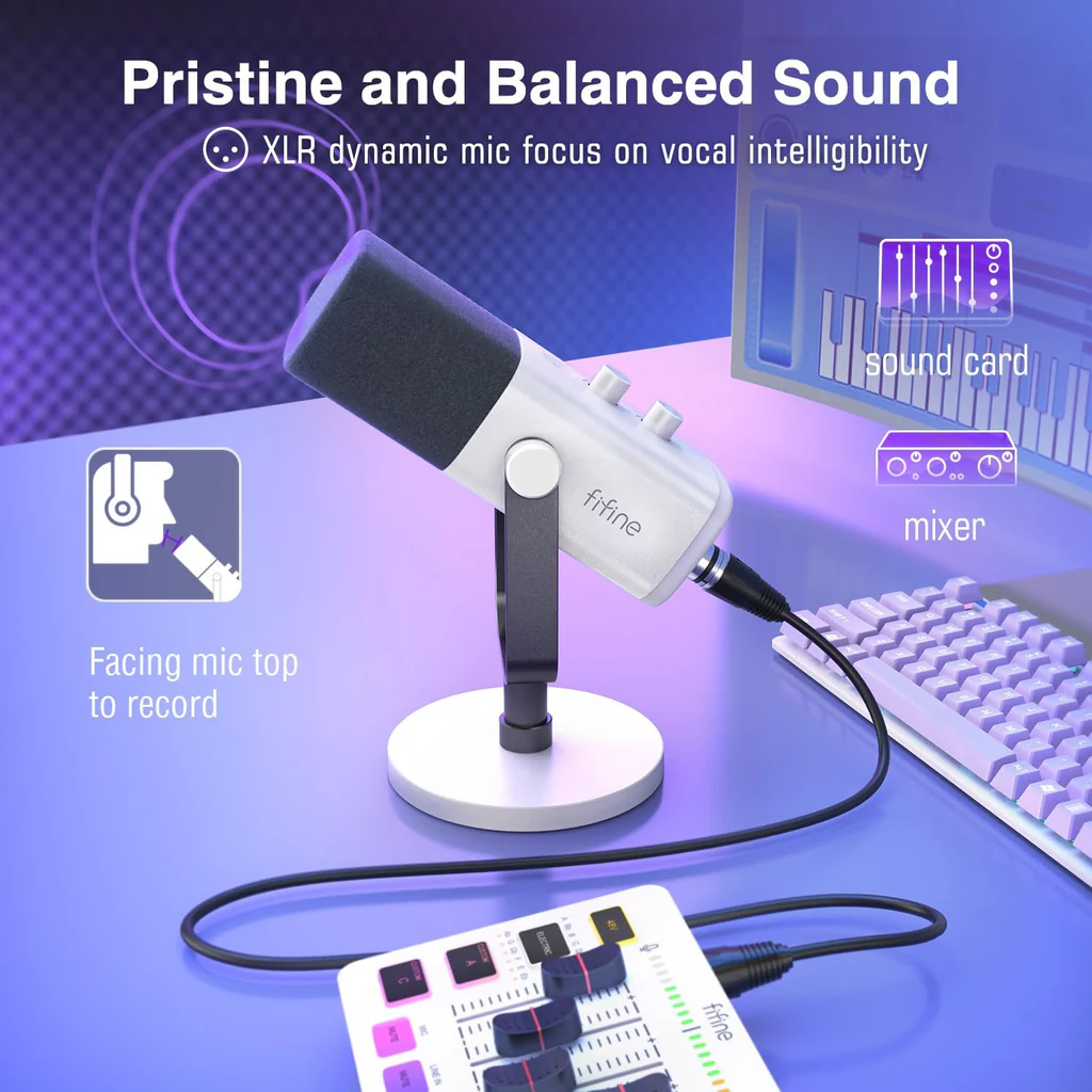 FIFINE AmpliGame AM8 USB/XLR Dynamic Microphone – RGB Lighting, Touch-Mute, Live Monitoring, Streaming Ready (White) - Vue 2 | Microphone Maroc