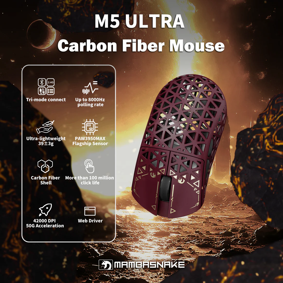 MAMBASNAKE M5 Ultra – 39g Carbon Fiber eSports Gaming Mouse (Red) - Vue 6 | Mouse Maroc