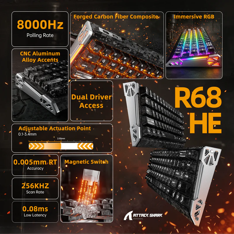 ATTACK SHARK R68 HE Carbon Fiber Rapid Trigger Keyboard Magnetic Switch (Ink Shade) - Vue 3 | Keyboard , Magnetic Keyboards Maroc