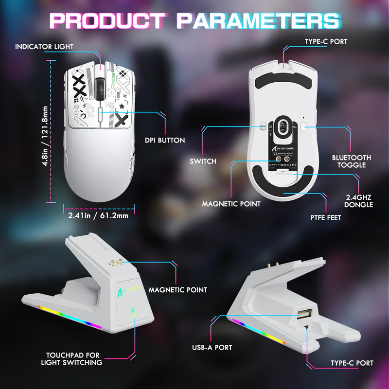 ATTACK SHARK X1 – Ultra-Light Tri-Mode Gaming Mouse - Vue 8 | Mouse Maroc