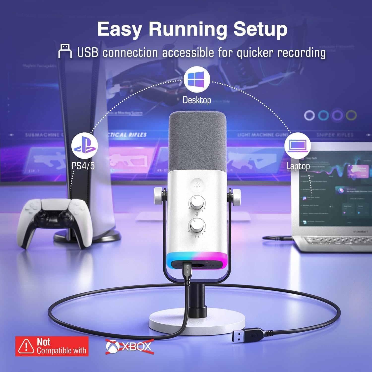 FIFINE AmpliGame AM8 USB/XLR Dynamic Microphone – RGB Lighting, Touch-Mute, Live Monitoring, Streaming Ready (White) - Vue 5 | Microphone Maroc