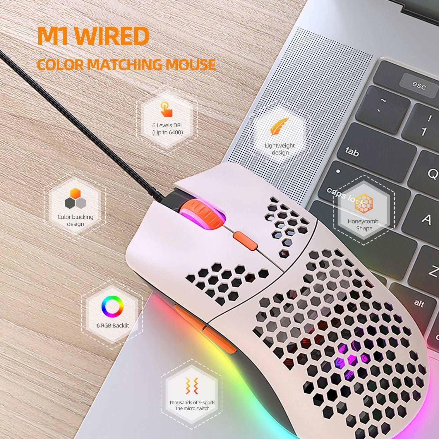 M1 Gaming Mouse – Ultralight, 6400 DPI, RGB Backlit, Ergonomic Design - Vue 3 | Mouse Maroc