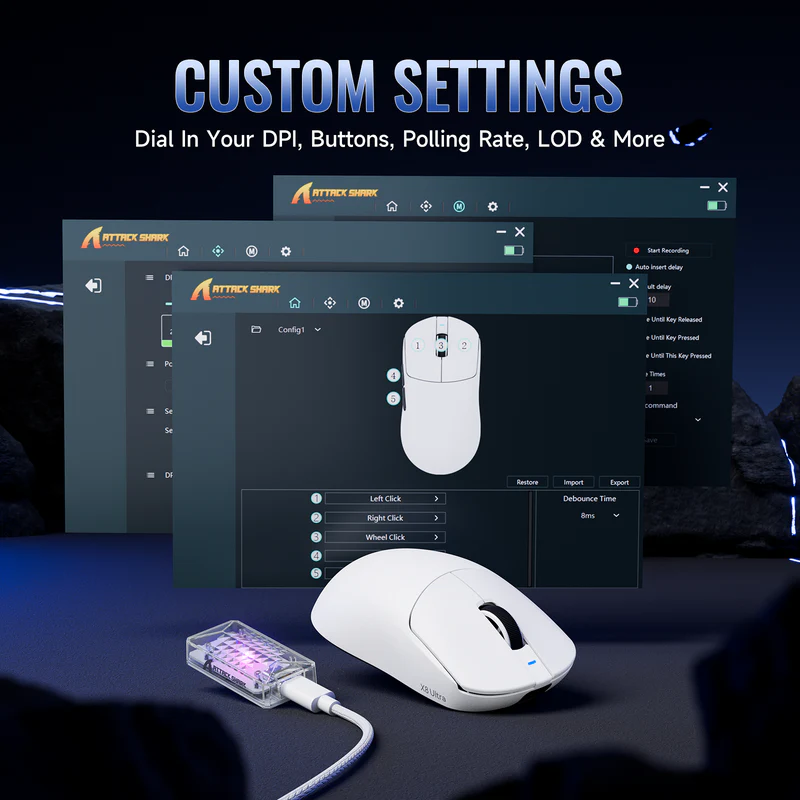 ATTACK SHARK X8 Ultimate – Wireless Gaming Mouse | PAW3950MAX Sensor | 8K Polling | White - Vue 7 | Mouse Maroc
