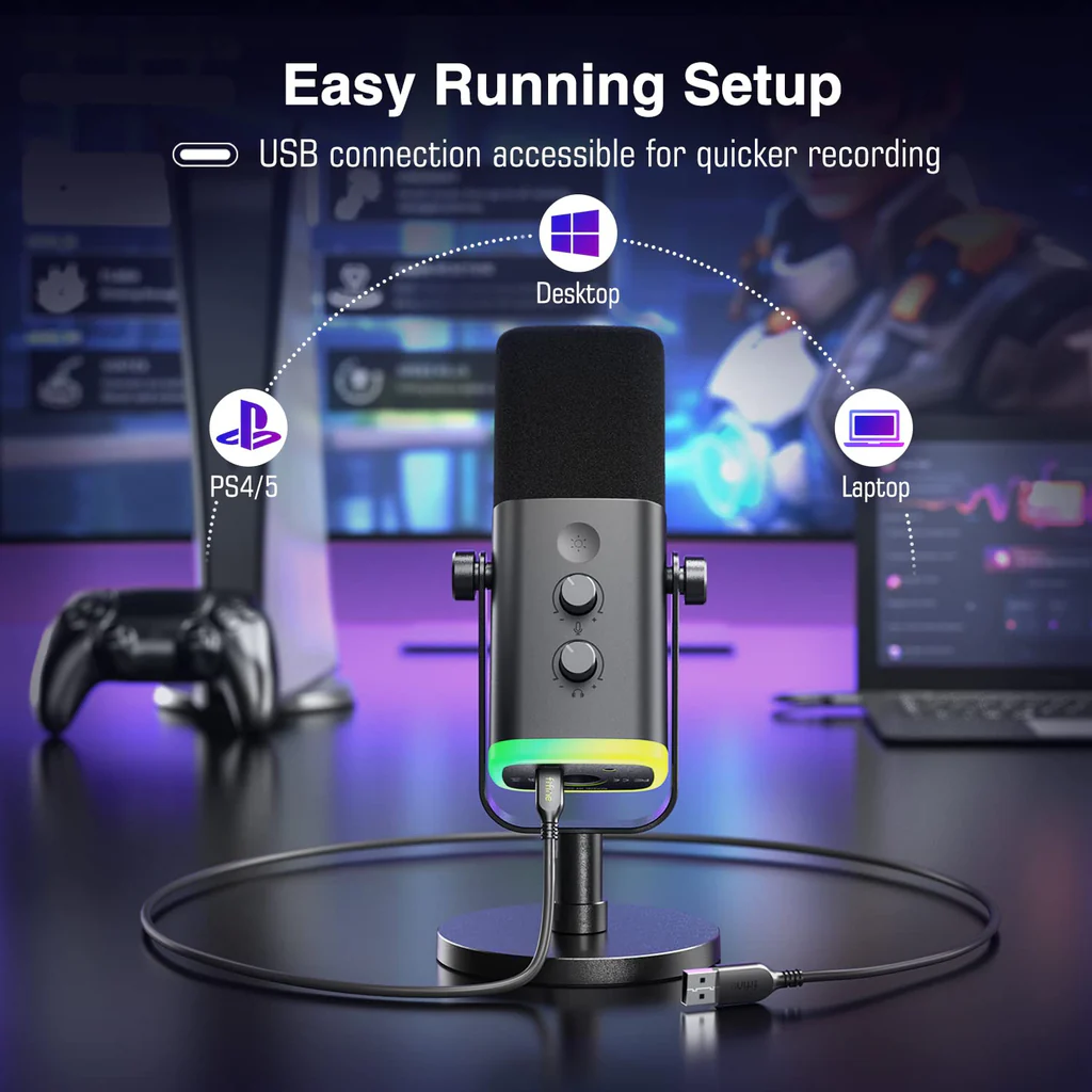 FIFINE AmpliGame AM8 USB/XLR Dynamic Microphone – RGB Lighting, Touch-Mute, Live Monitoring, Streaming Ready - Vue 3 | Microphone Maroc