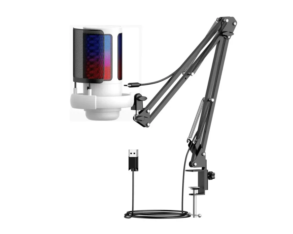 ME6S-35 USB Gaming Microphone – RGB Condenser Mic with Tap-to-Mute, Gain Control & Boom Arm for PC, PS4/PS5, Mac, Phone (white) - Vue 2 | Microphone Maroc
