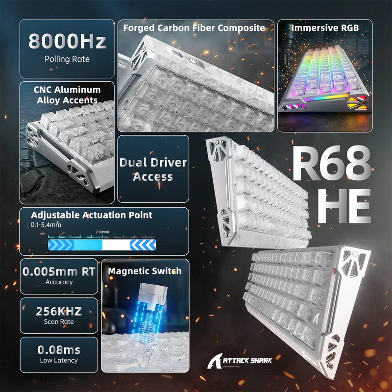 ATTACK SHARK R68 HE Carbon Fiber Rapid Trigger Keyboard Magnetic Switch (Ice Ninja) - Vue 3 | Keyboard , Magnetic Keyboards Maroc