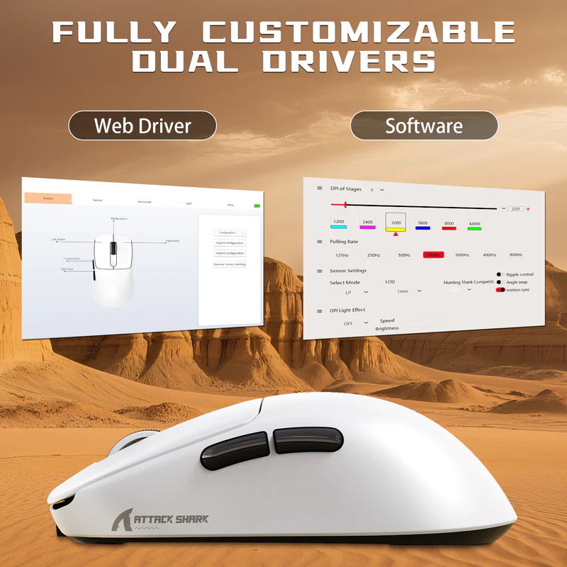 ATTACK SHARK V5 8KHz Wireless PAW3950MAX Gaming Mouse with C06 Ultra Cable - Vue 7 | Mouse Maroc