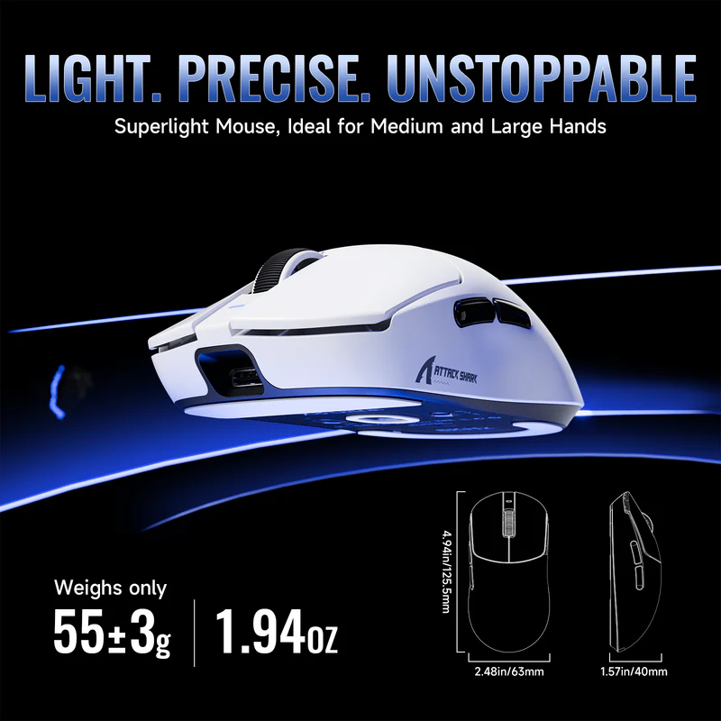 ATTACK SHARK X8 Ultimate – Wireless Gaming Mouse | PAW3950MAX Sensor | 8K Polling | White - Vue 6 | Mouse Maroc