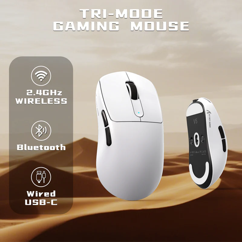 ATTACK SHARK V5 8KHz Wireless PAW3950MAX Gaming Mouse with C06 Ultra Cable - Vue 4 | Mouse Maroc