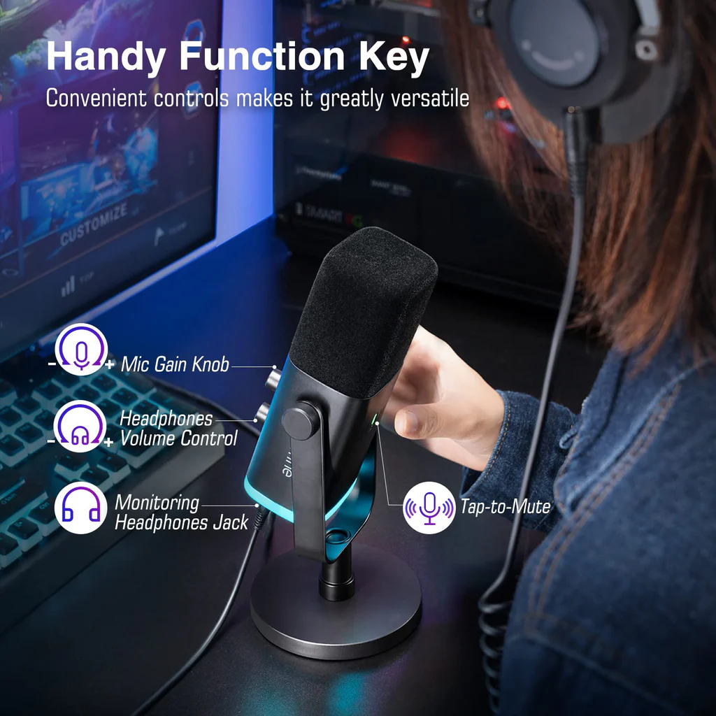 FIFINE AmpliGame AM8 USB/XLR Dynamic Microphone – RGB Lighting, Touch-Mute, Live Monitoring, Streaming Ready - Vue 4 | Microphone Maroc