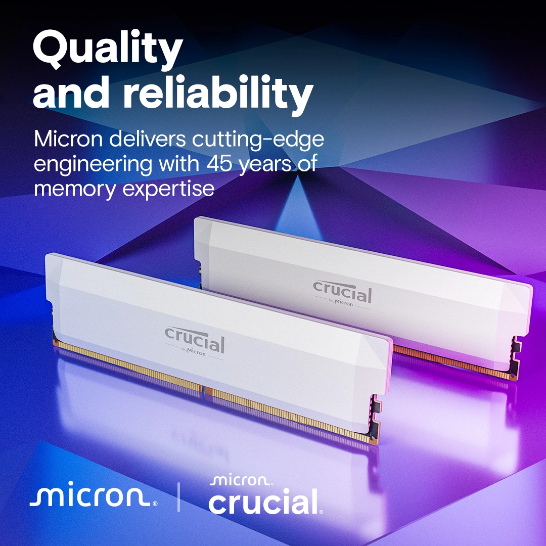 Crucial 32GB DDR5 (2×16GB) 6400MHz CL38 – White Edition - Vue 4 | RAM Maroc