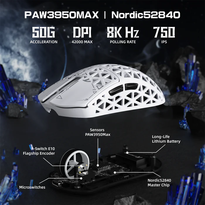 ATTACK SHARK R5 Ultra Carbon Fiber 39g Gaming Mouse – 8K Wireless, PAW3950MAX Sensor, Tri-Mode, 42000 DPI (white) - Vue 5 | Mouse Maroc