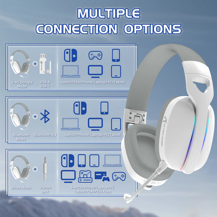 ATTACK SHARK L90 Foldable RGB Ultra-Light Tri-Mode Gaming Headset (White) - Vue 3 | Gaming Headset Maroc