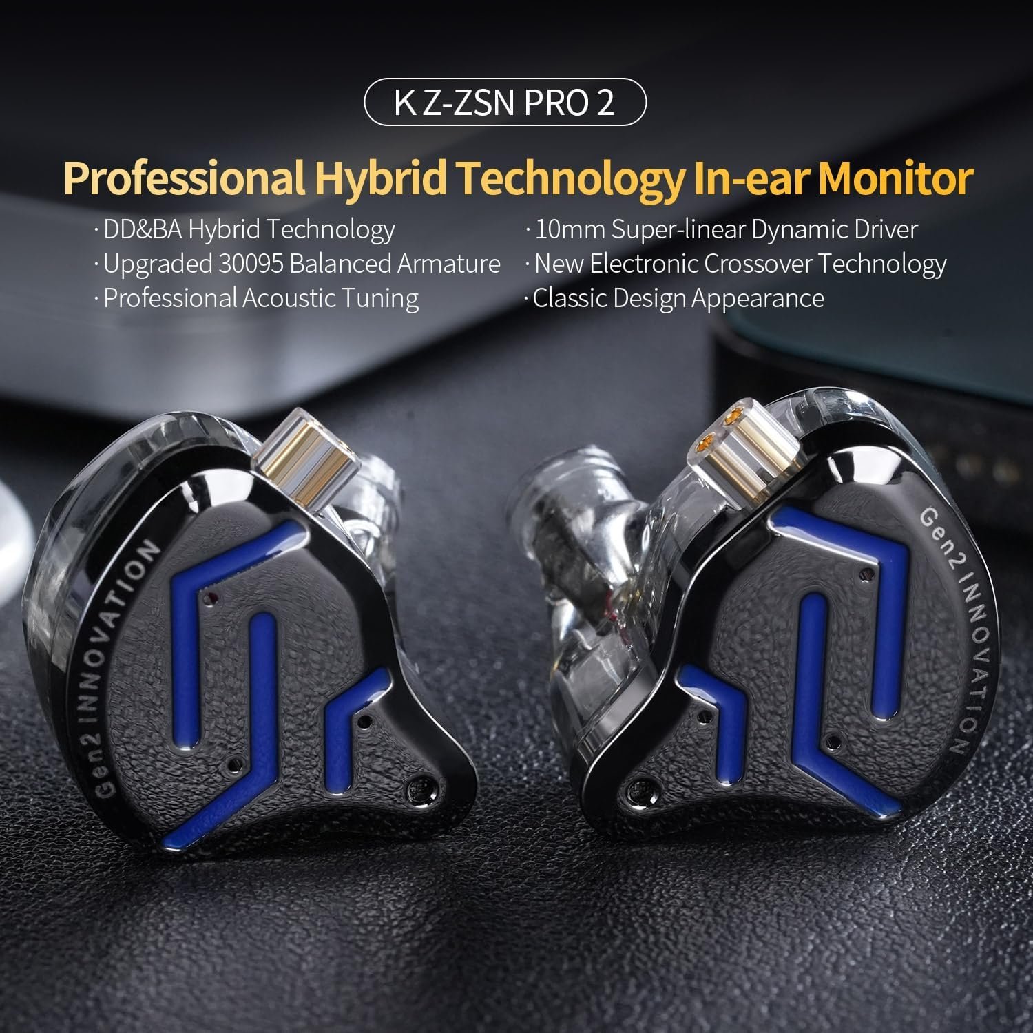 KZ ZSN Pro 2 In-Ear Monitors – Hybrid 1DD+1BA HiFi IEMs, Detachable Cable, Noise-Isolating Earbuds with Mic (Black) - Vue 2 | Earphones Maroc