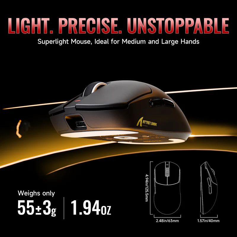 ATTACK SHARK X8 Ultimate – Wireless Gaming Mouse | PAW3950MAX Sensor | 8K Polling | Black - Vue 4 | Mouse Maroc