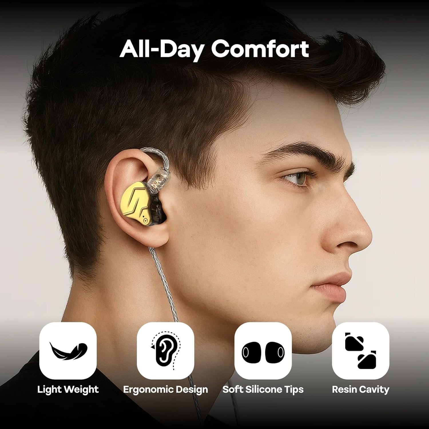 KZ ZSN Pro X Gaming Earbuds – Hybrid Dual Driver IEMs, HiFi In-Ear Monitors with Mic & Detachable Cable (Gold) (With Mic) - Vue 4 | Earphones Maroc