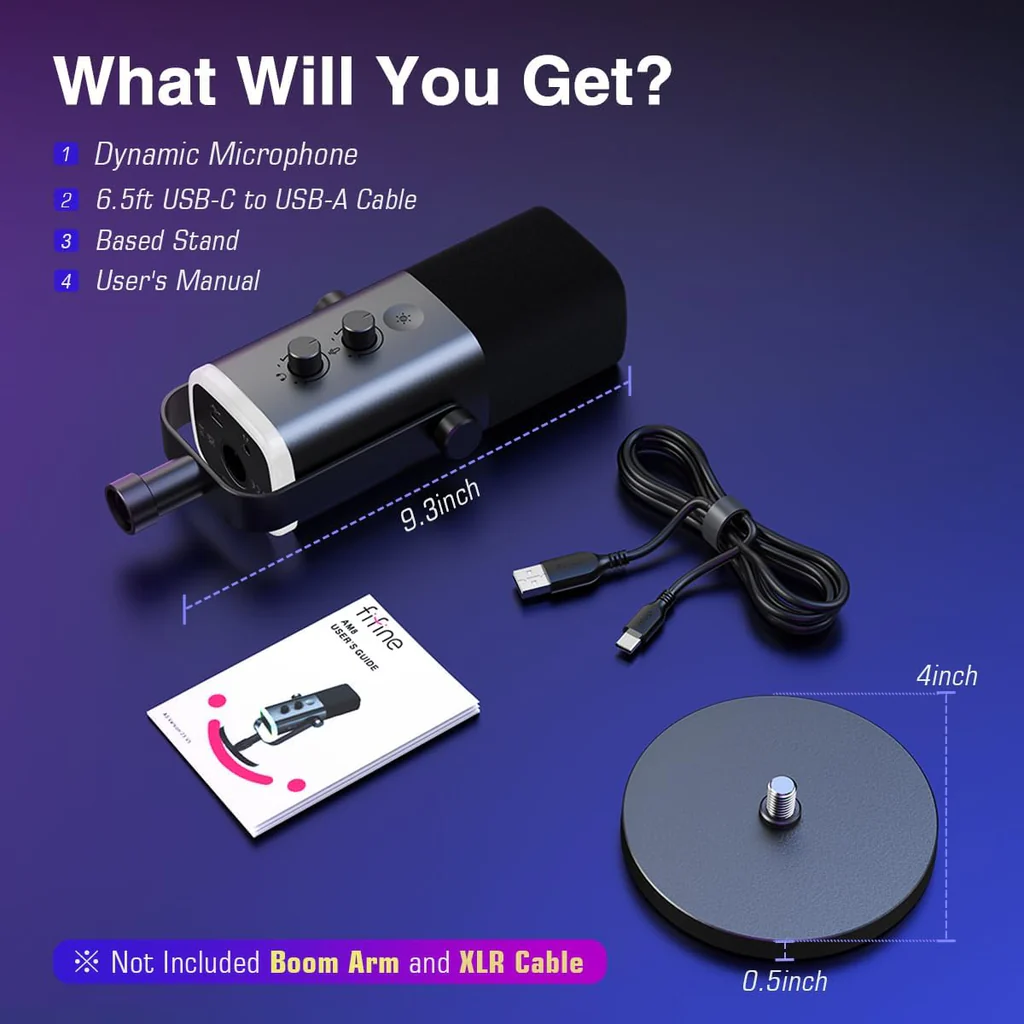 FIFINE AmpliGame AM8 USB/XLR Dynamic Microphone – RGB Lighting, Touch-Mute, Live Monitoring, Streaming Ready - Vue 2 | Microphone Maroc