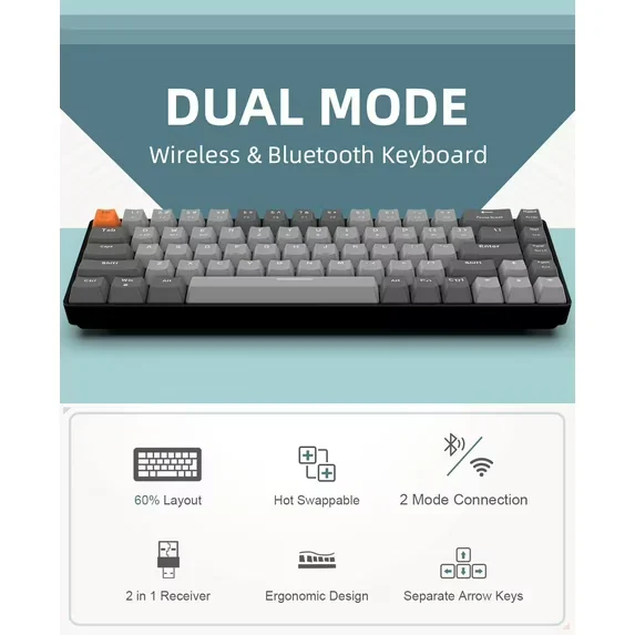 ZIYOULANG K68 60% Wireless Mechanical Keyboard – Bluetooth 5.0 & 2.4GHz, Hot-Swappable, 68 Keys, No RGB