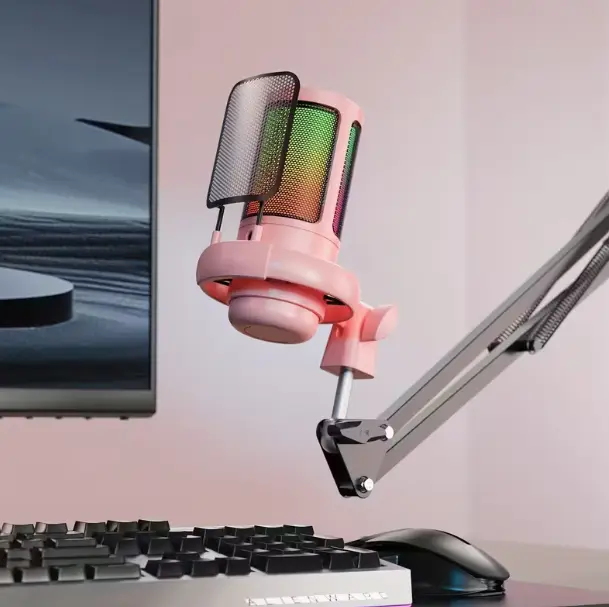 ME6S-35 USB Gaming Microphone – RGB Condenser Mic with Tap-to-Mute, Gain Control & Boom Arm for PC, PS4/PS5, Mac, Phone (Pink) - Vue 3 | Microphone Maroc