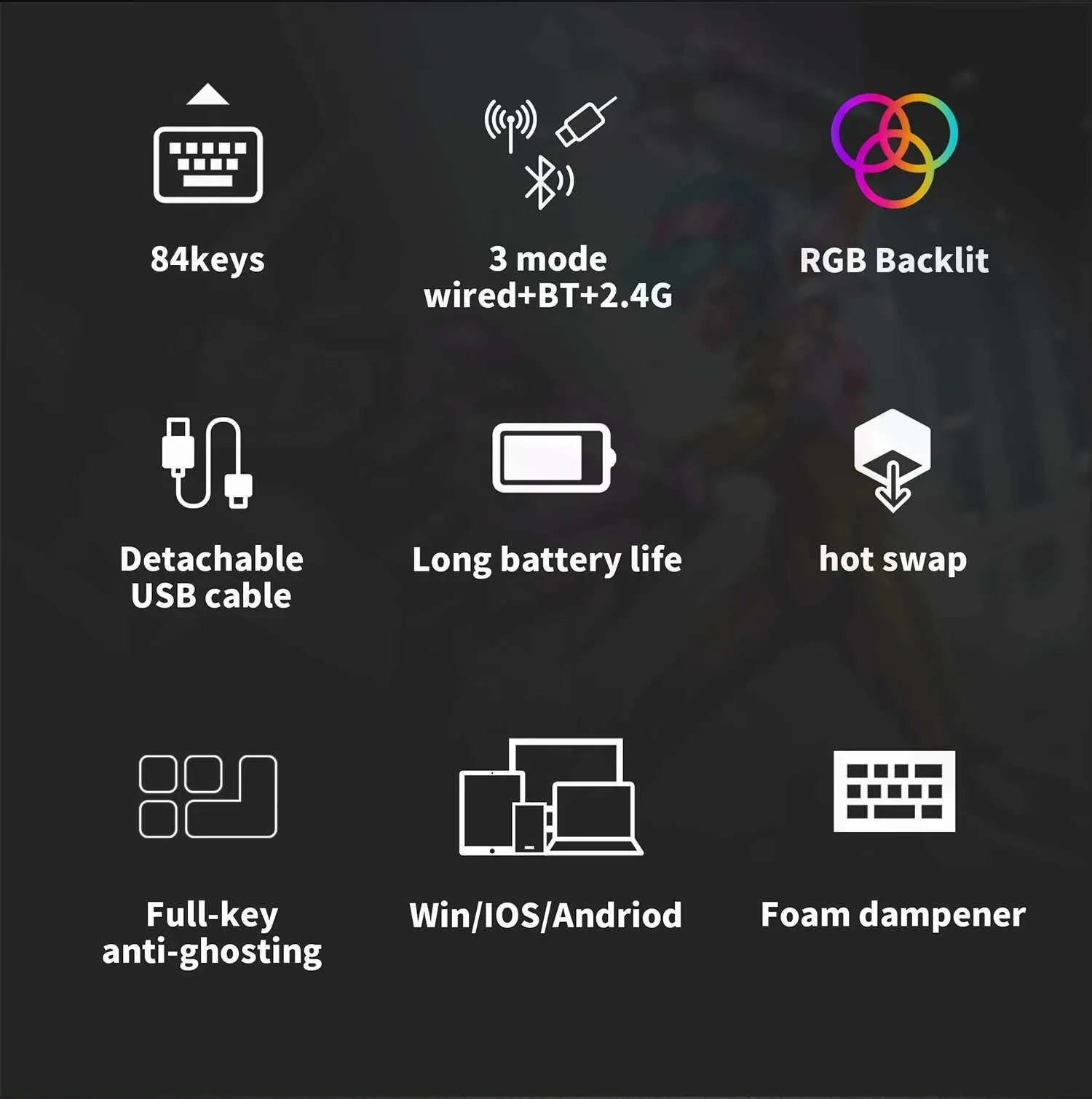 RK84 75% Wireless Mechanical Keyboard – Hot-Swappable, Tri-Mode, RGB Backlit, 3750mAh Battery, (Brown Switches) (Black) - Vue 2 | Mechanical Keyboard Maroc