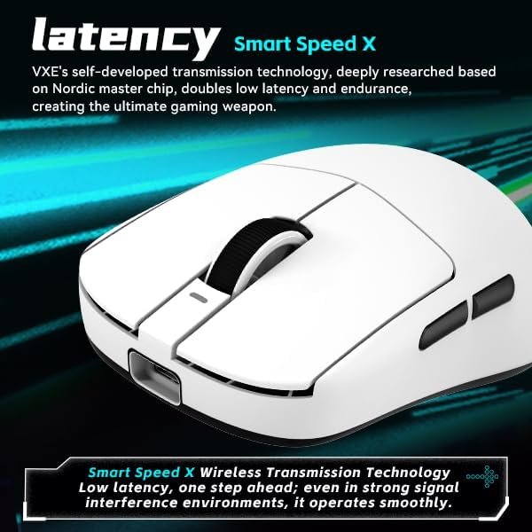 VXE R1 Pro Wireless Gaming Mouse – Ultra-Light 48g, PAW3395 Sensor, 26K DPI, 4000Hz Ready (White) - Vue 2 | Mouse Maroc